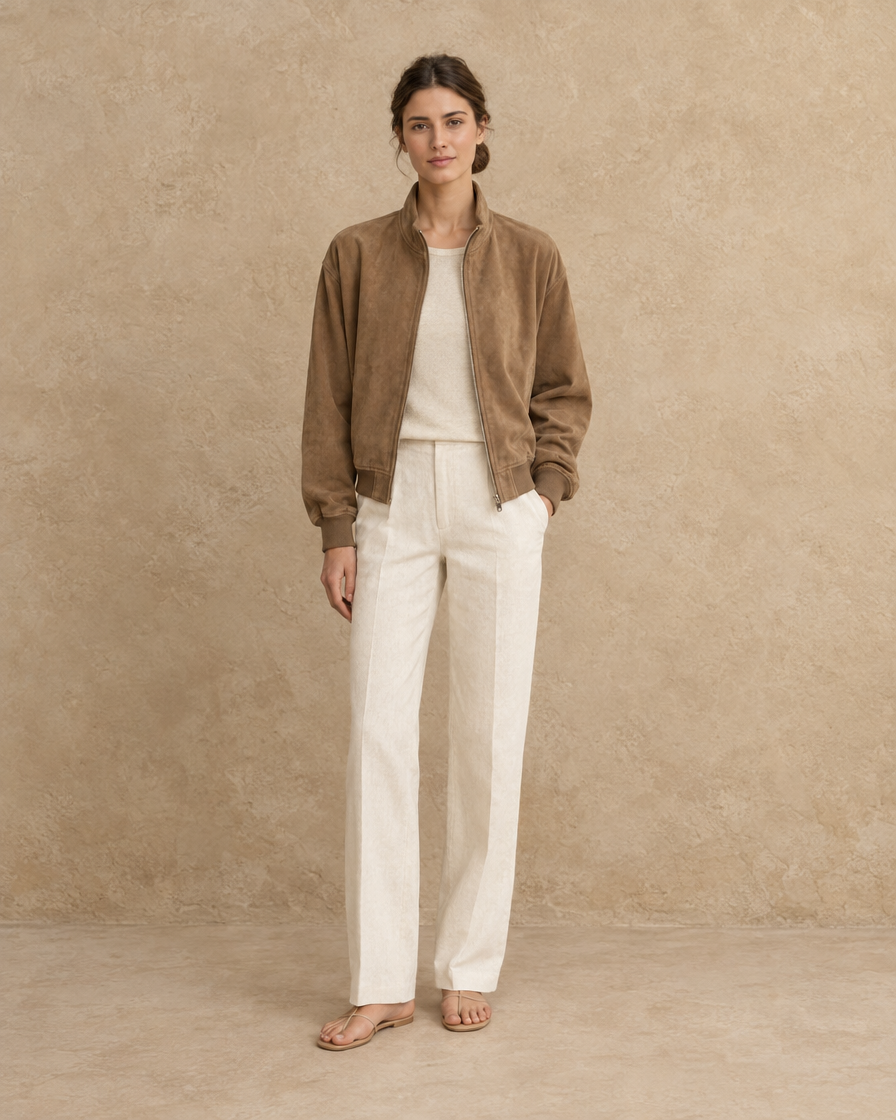 ONORA Street Bomber Jacket — full length front, Light Brown