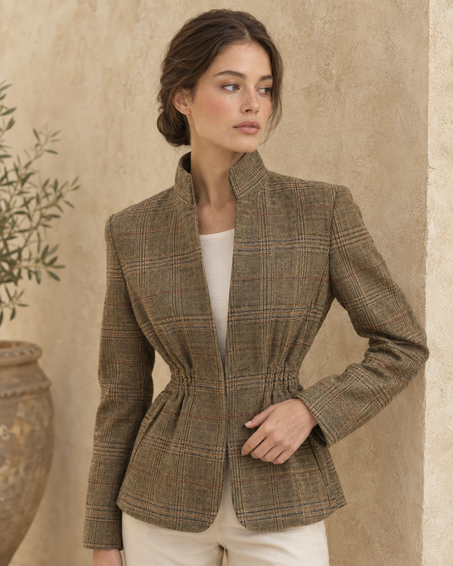 ONORA Vintage Plaid Waist-Cinched Jacket — upper body detail