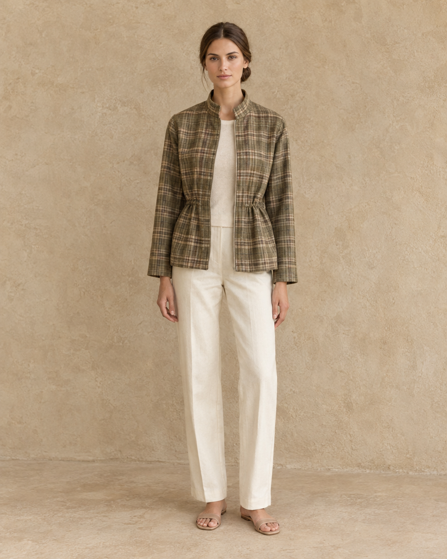 ONORA Vintage Plaid Waist-Cinched Jacket — full length front, Khaki