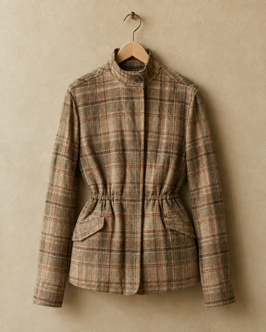 ONORA Vintage Plaid Waist-Cinched Jacket — collar and plaid detail