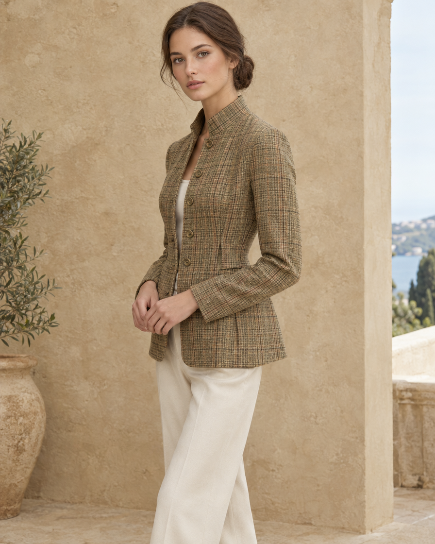 ONORA Vintage Plaid Waist-Cinched Jacket — three-quarter view