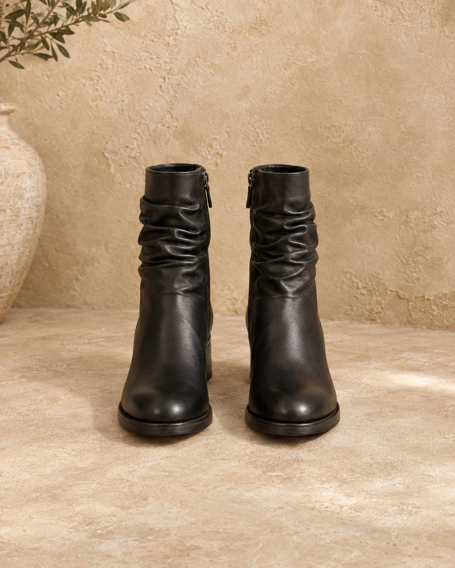 Women's Ruched Ankle Boots with Side Zipper — pair, front view, Black