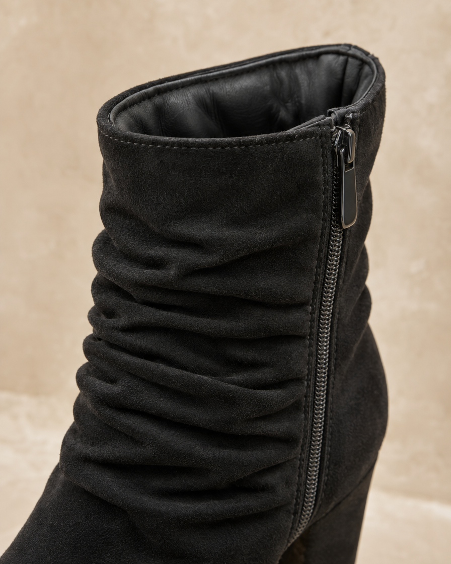Women's Ruched Ankle Boots with Side Zipper — ruched shaft and zipper detail
