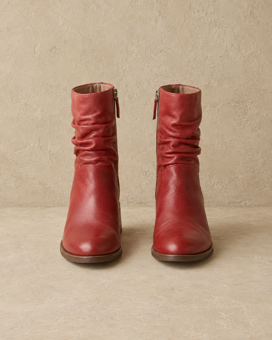 Women's Ruched Ankle Boots with Side Zipper — Red
