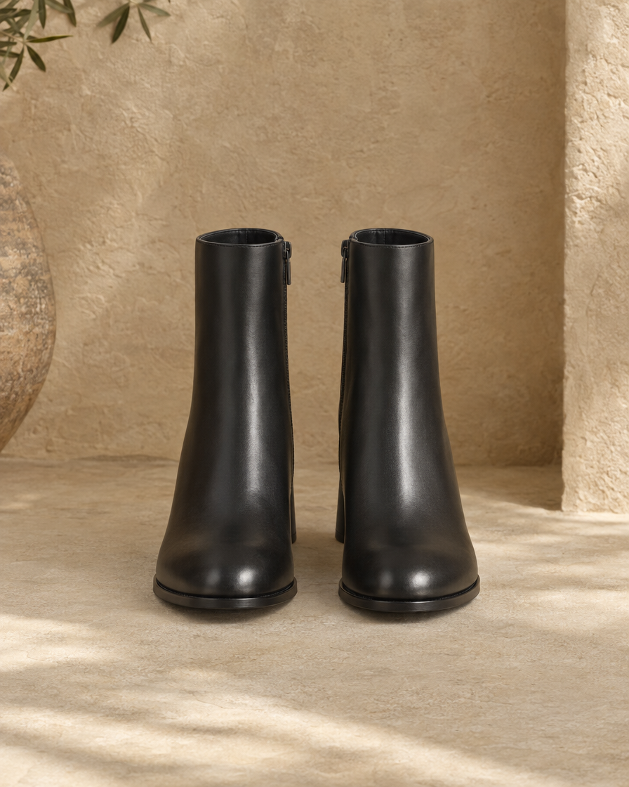 Sleek Ankle Boots with Low Block Heel — pair, front view, Black