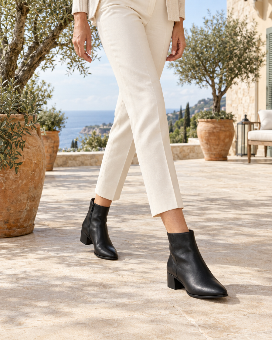Sleek Ankle Boots with Low Block Heel — worn outdoors