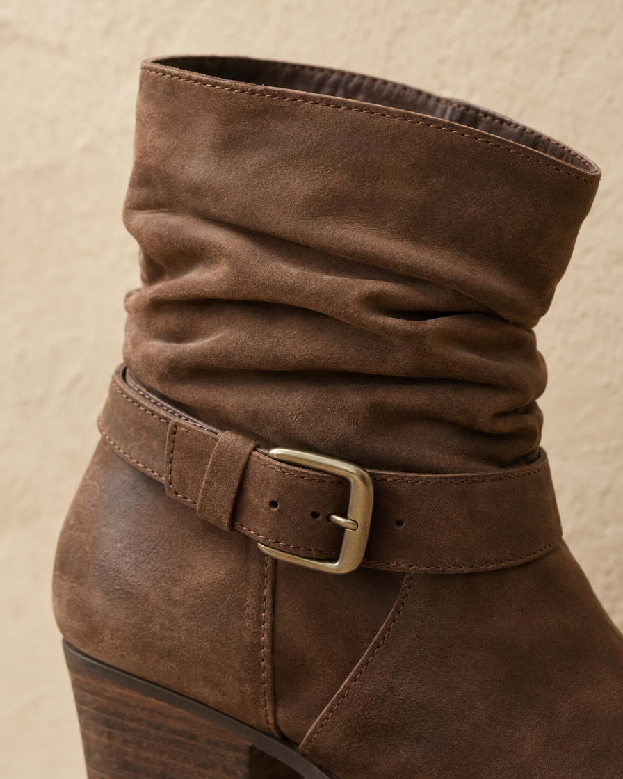 Slouch Ankle Boots with Buckle Strap — buckle detail