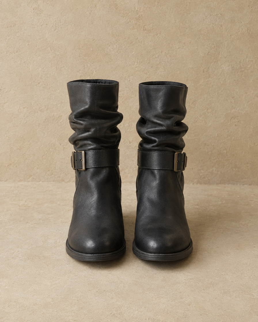 Slouch Ankle Boots with Buckle Strap — Black