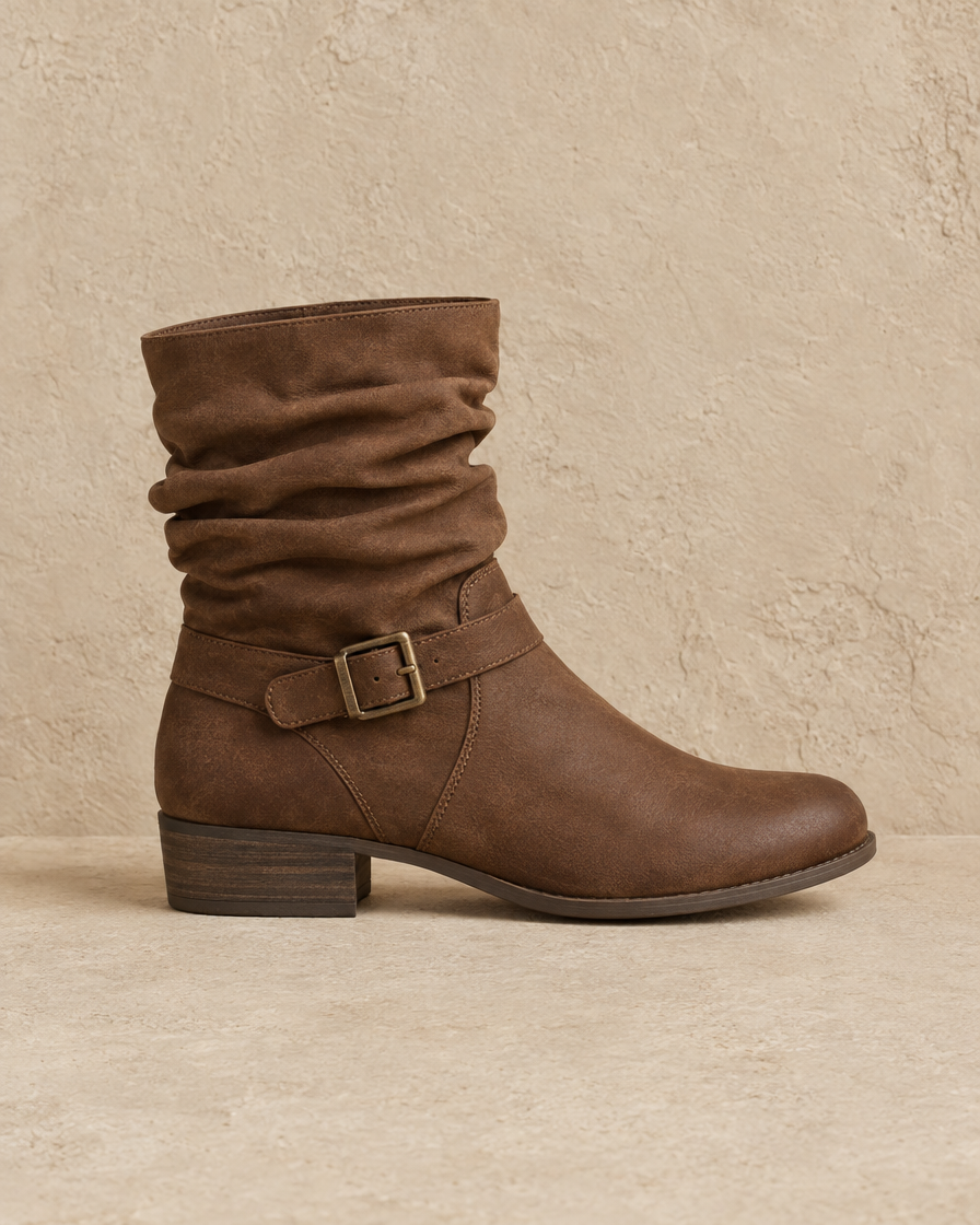 Slouch Ankle Boots with Buckle Strap — side profile