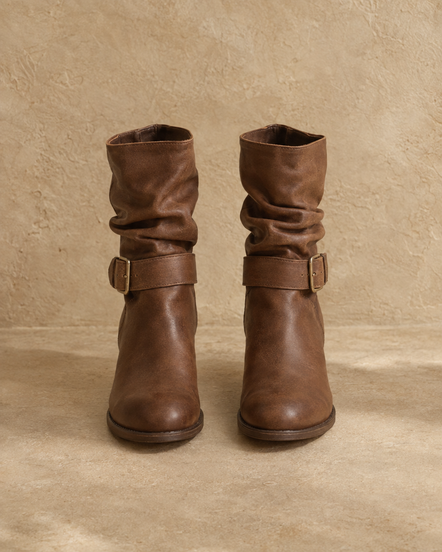Slouch Ankle Boots with Buckle Strap — pair, front view, Brown