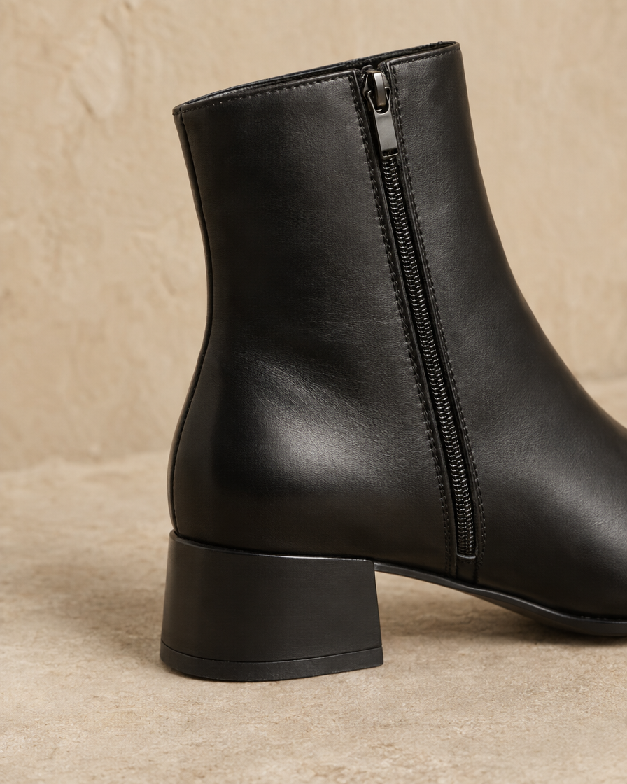 Sleek Ankle Boots with Low Block Heel — heel and upper detail