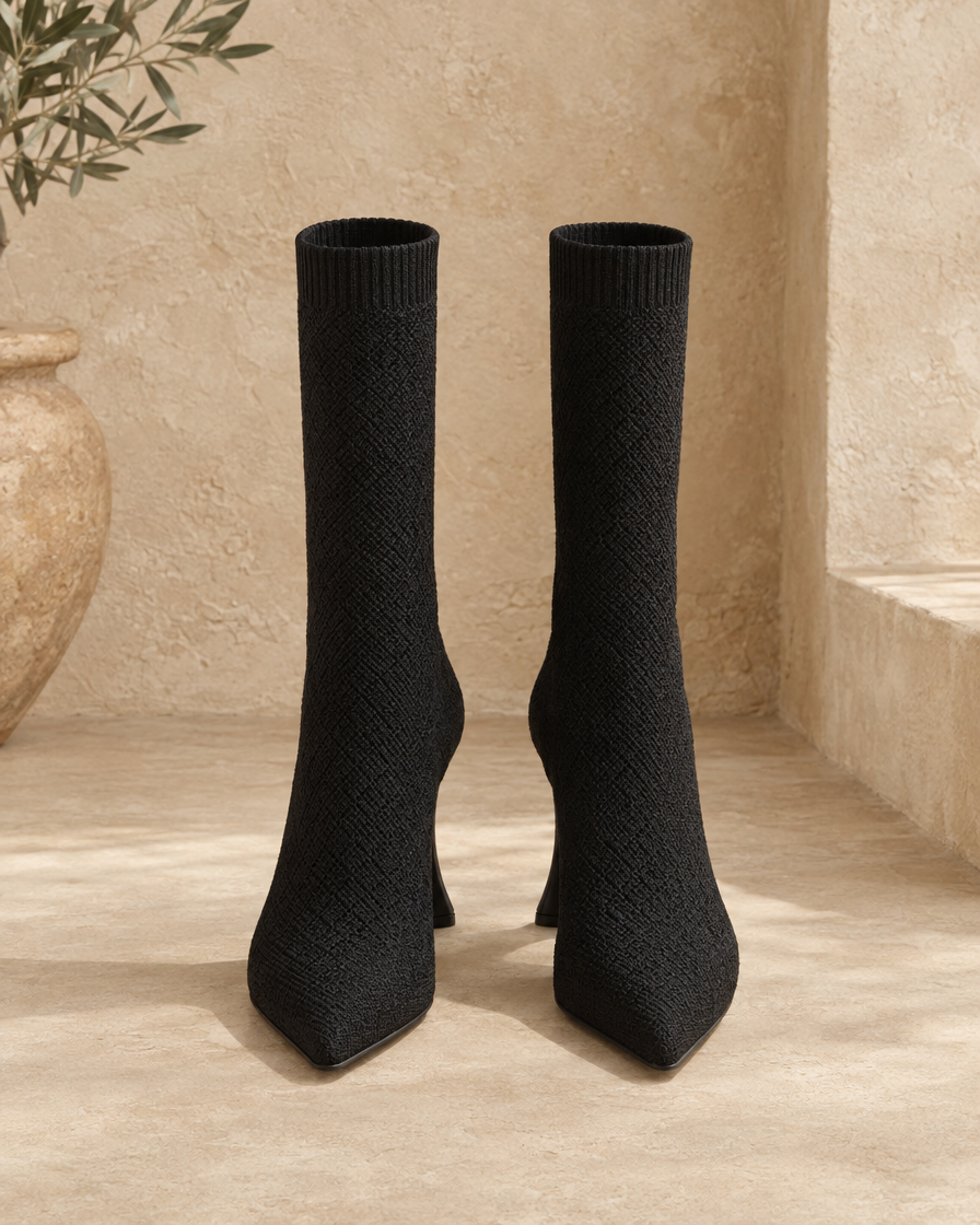 Pointed Toe Sock Boots in Stretch Knit with Slim Heel — pair, front view, Black
