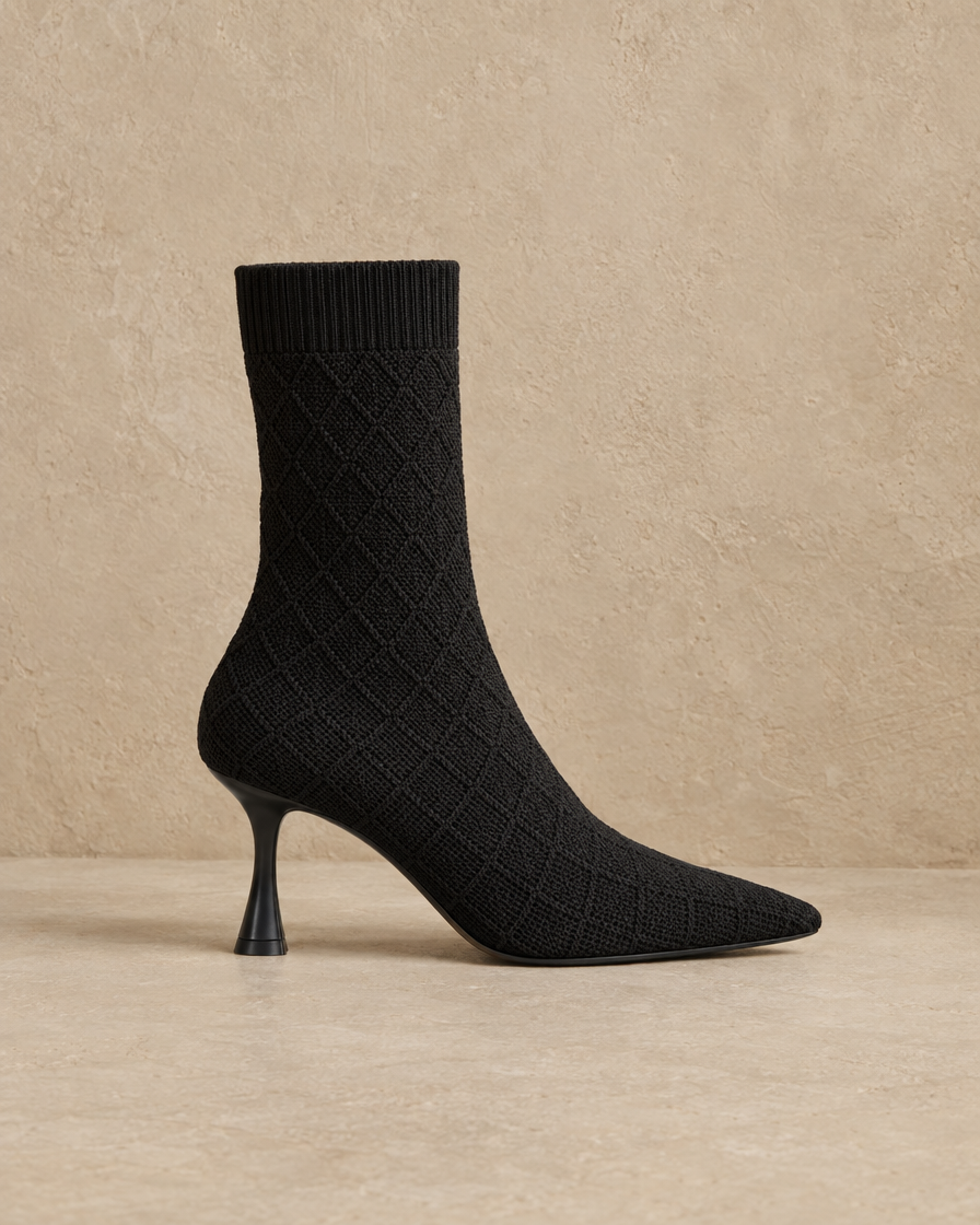 Pointed Toe Sock Boots in Stretch Knit with Slim Heel — side profile