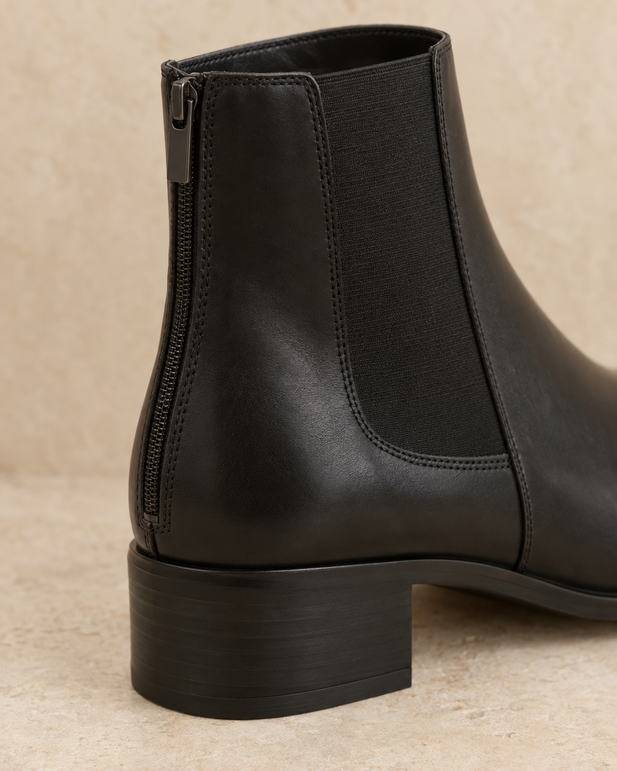 Chelsea Ankle Boots with Low Block Heel and Zip — heel and zip detail