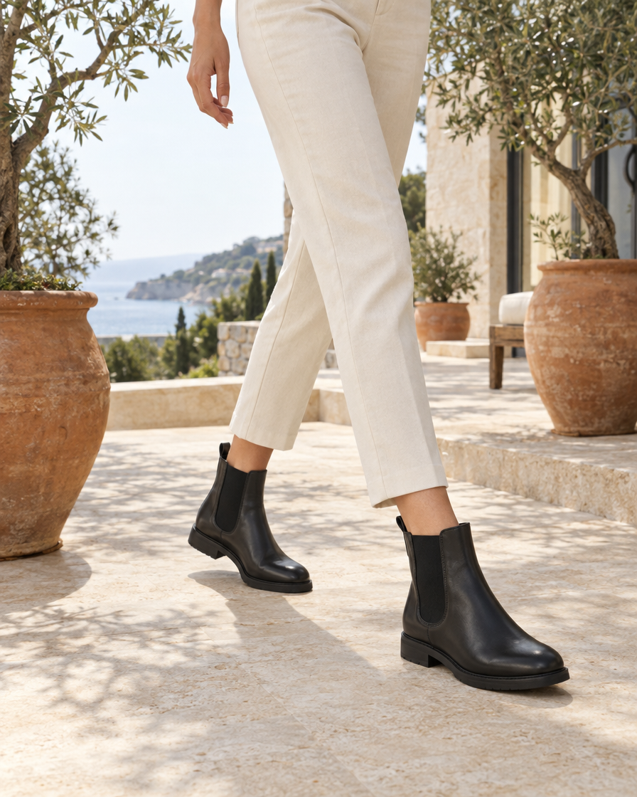 Women's Chelsea Boots with Elastic Panels and Pull Tabs — worn outdoors