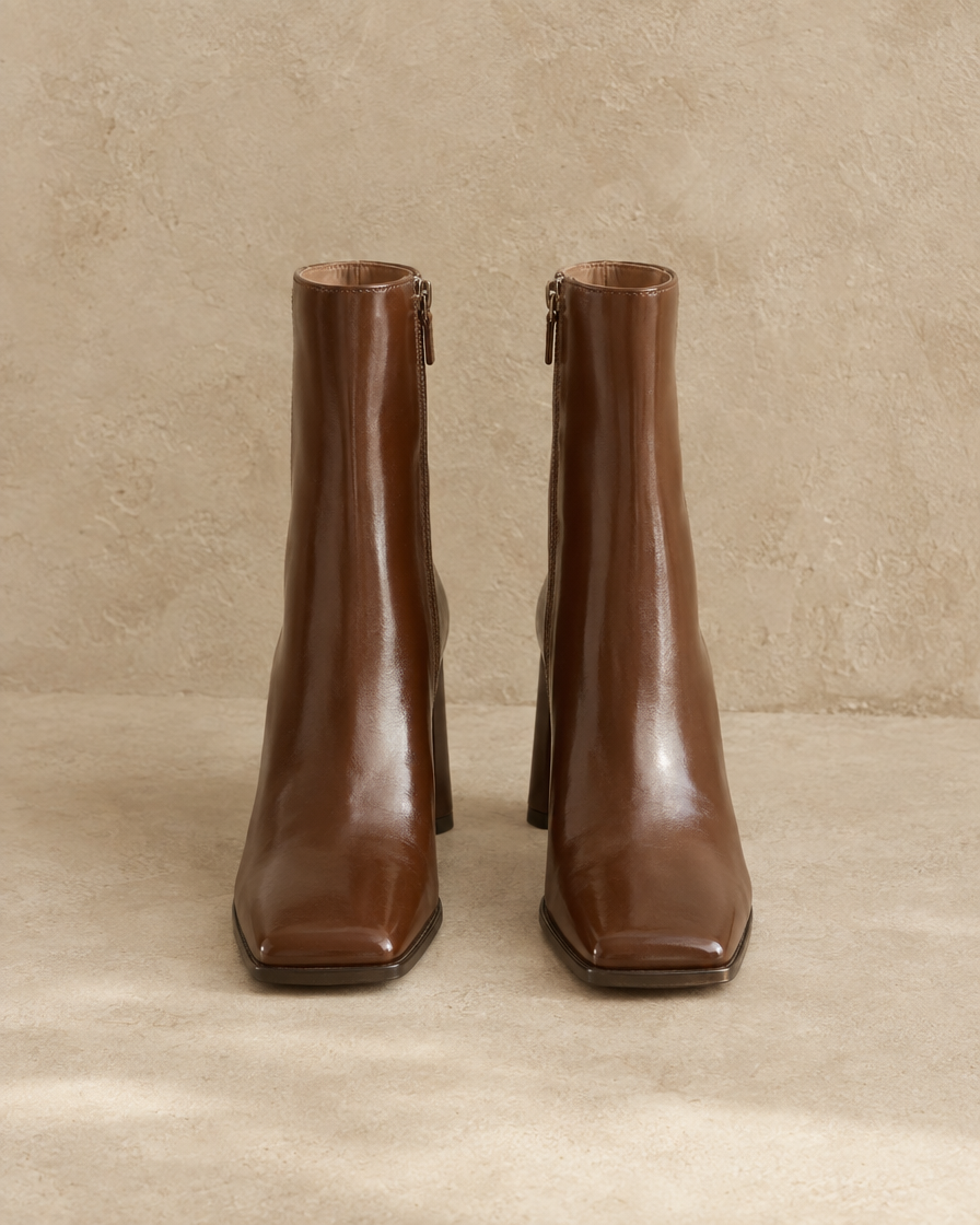Square Toe Leather Ankle Boots with Block Heel — Brown