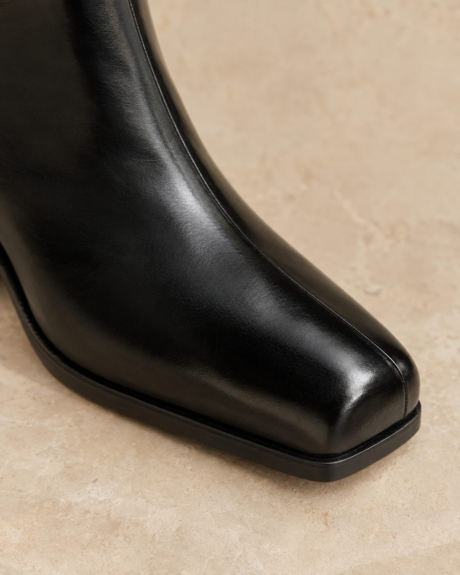 Square Toe Leather Ankle Boots with Block Heel — square toe detail