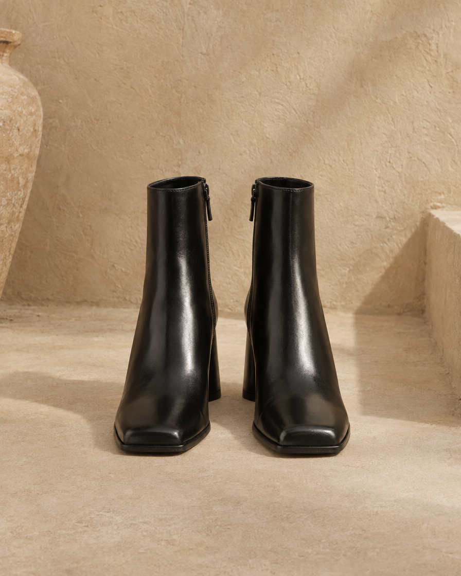 Square Toe Leather Ankle Boots with Block Heel — pair, front view, Black