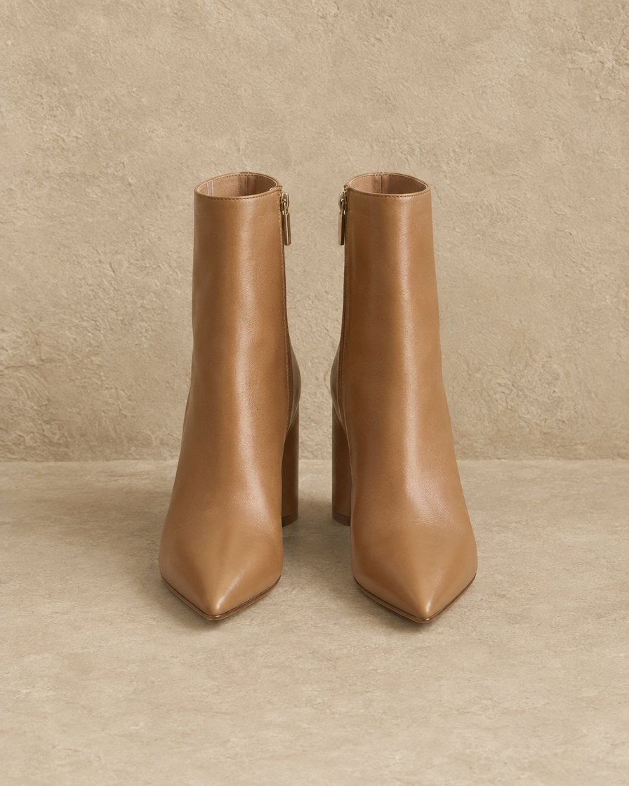 Leather Ankle Boots with Pointed Toe and Block Heel — Tan