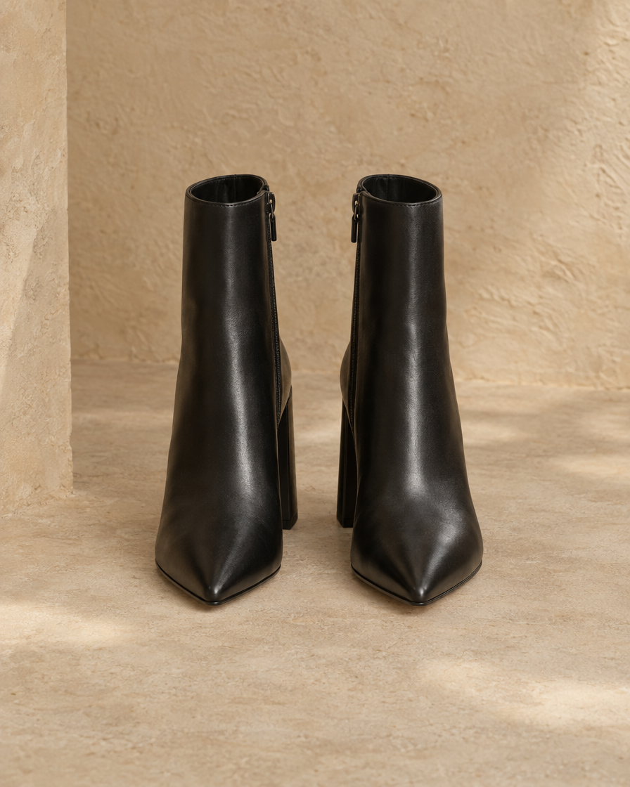 Leather Ankle Boots with Pointed Toe and Block Heel — pair, front view, Black