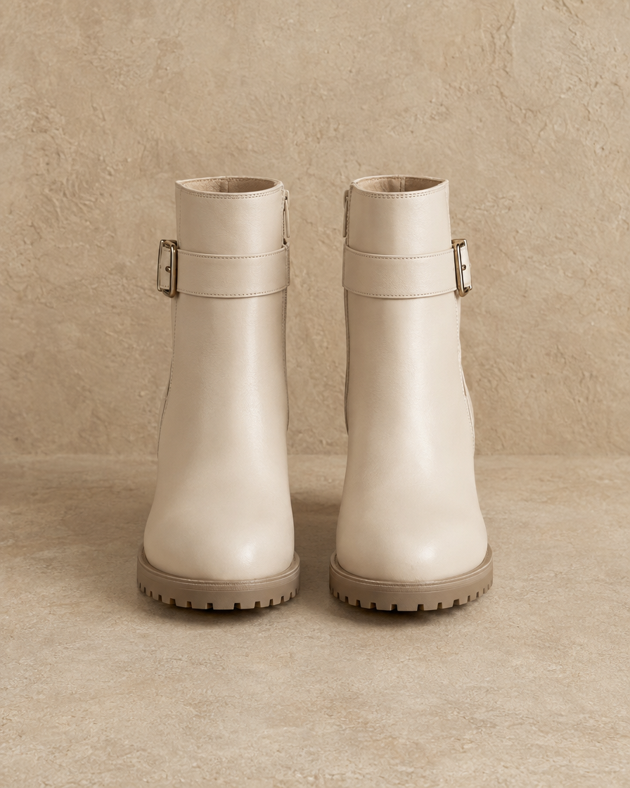Leather Ankle Boots with Buckle and Side Zip — White Beige