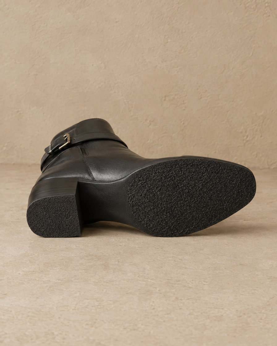 Leather Ankle Boots with Buckle and Side Zip — textured outsole
