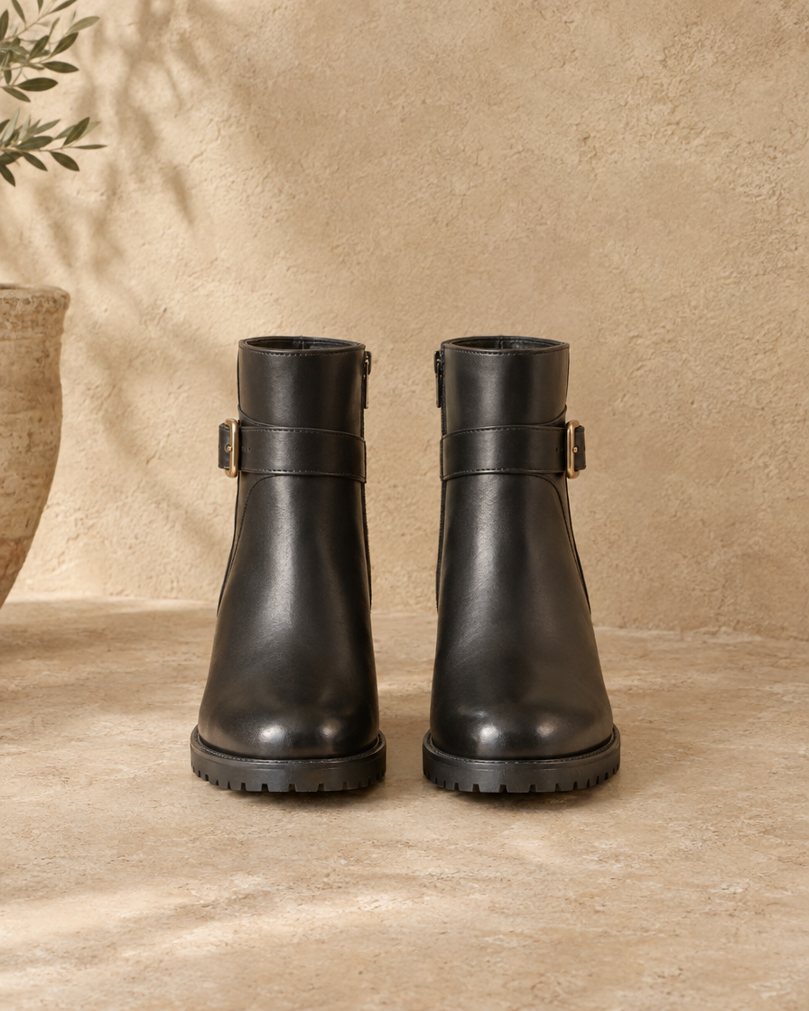 Leather Ankle Boots with Buckle and Side Zip — pair, front view, Black