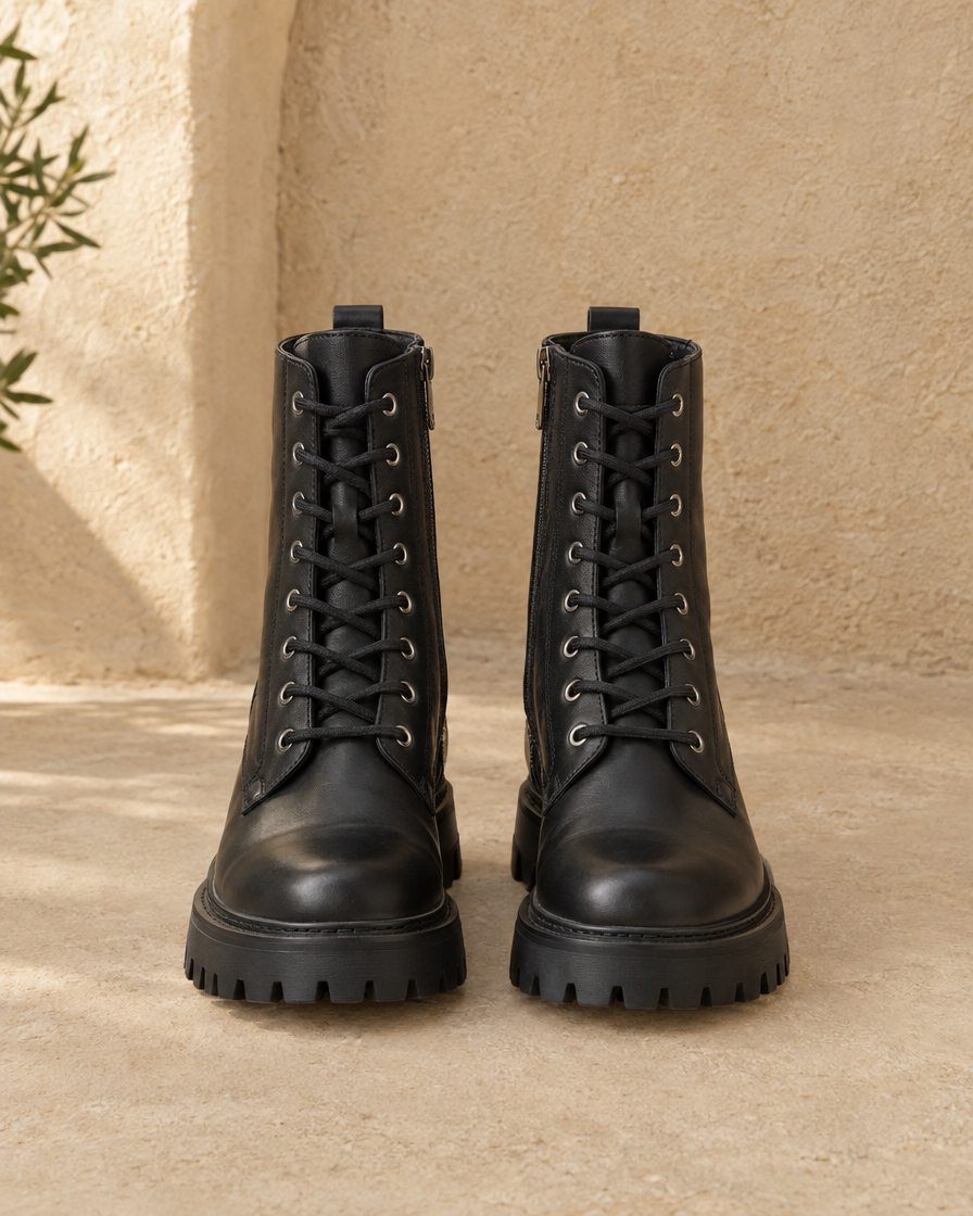 Lace-Up Ankle Boots with Chunky Lug Sole — pair, front view, Black