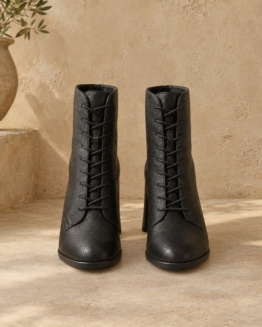 Lace-Up Ankle Boots with Removable Insole — pair, front view, Black