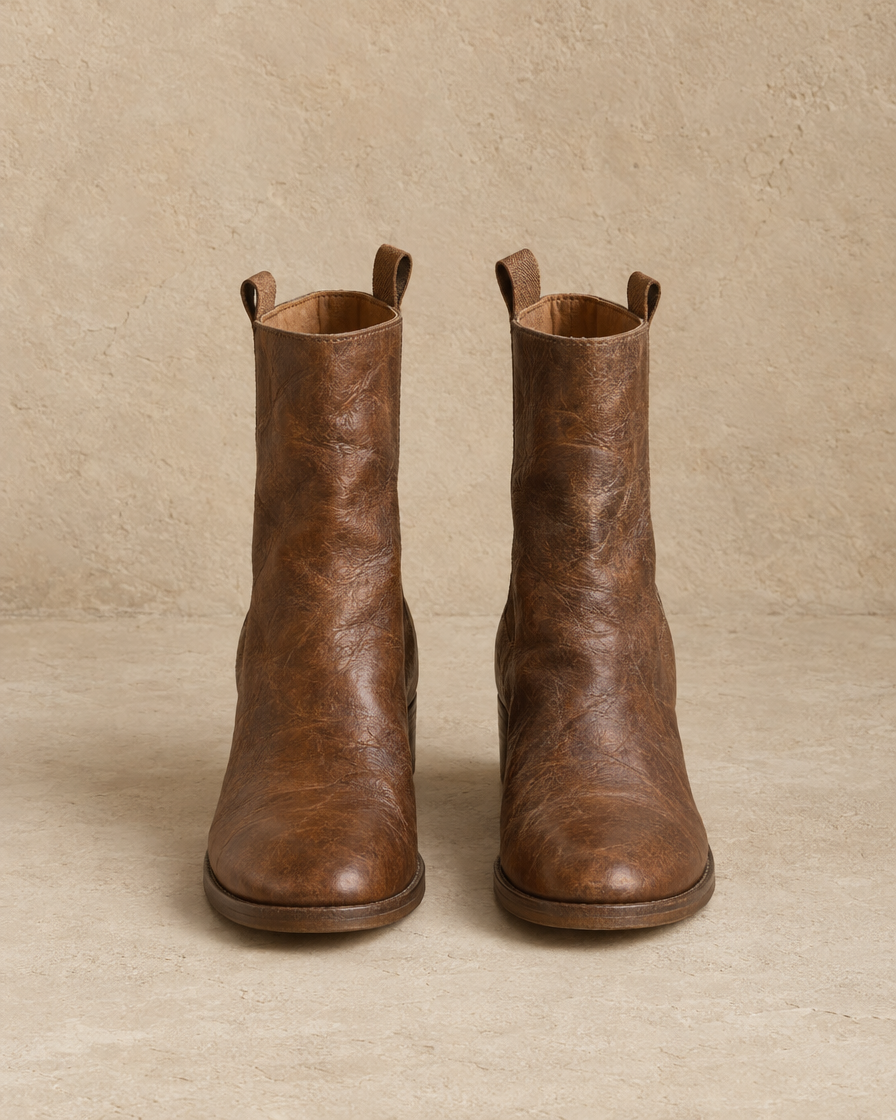 Ankle Boots with Side Pull Tabs and Low Block Heel — Brown