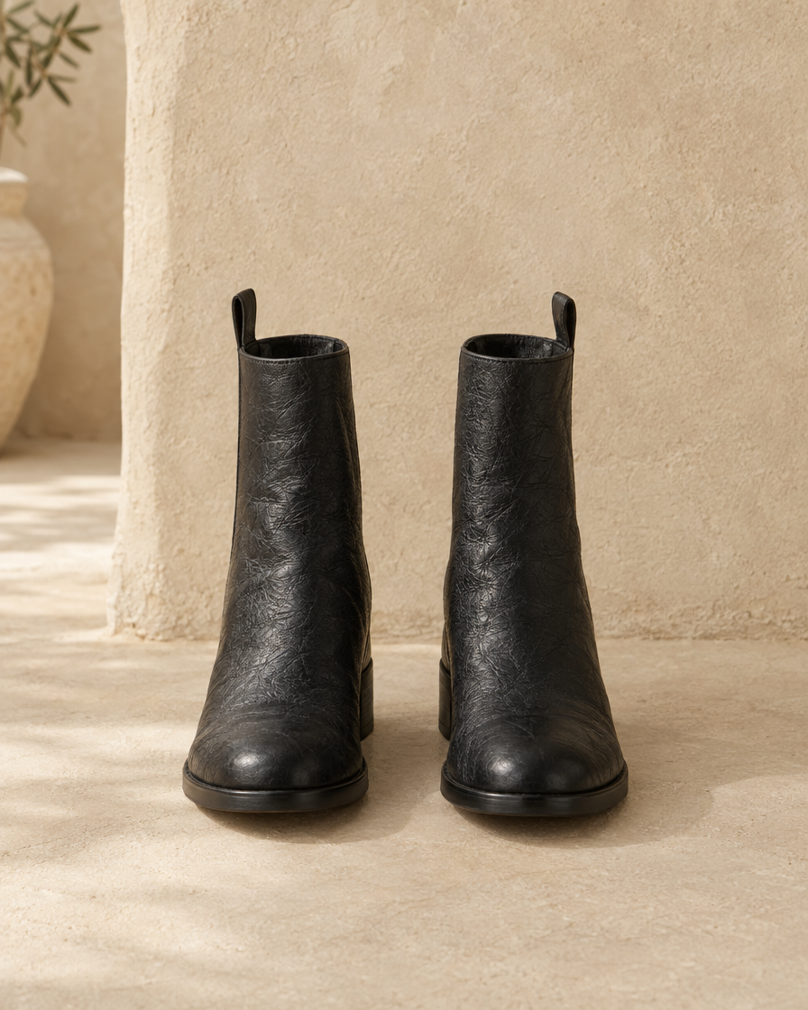 Ankle Boots with Side Pull Tabs and Low Block Heel — pair, front view, Black