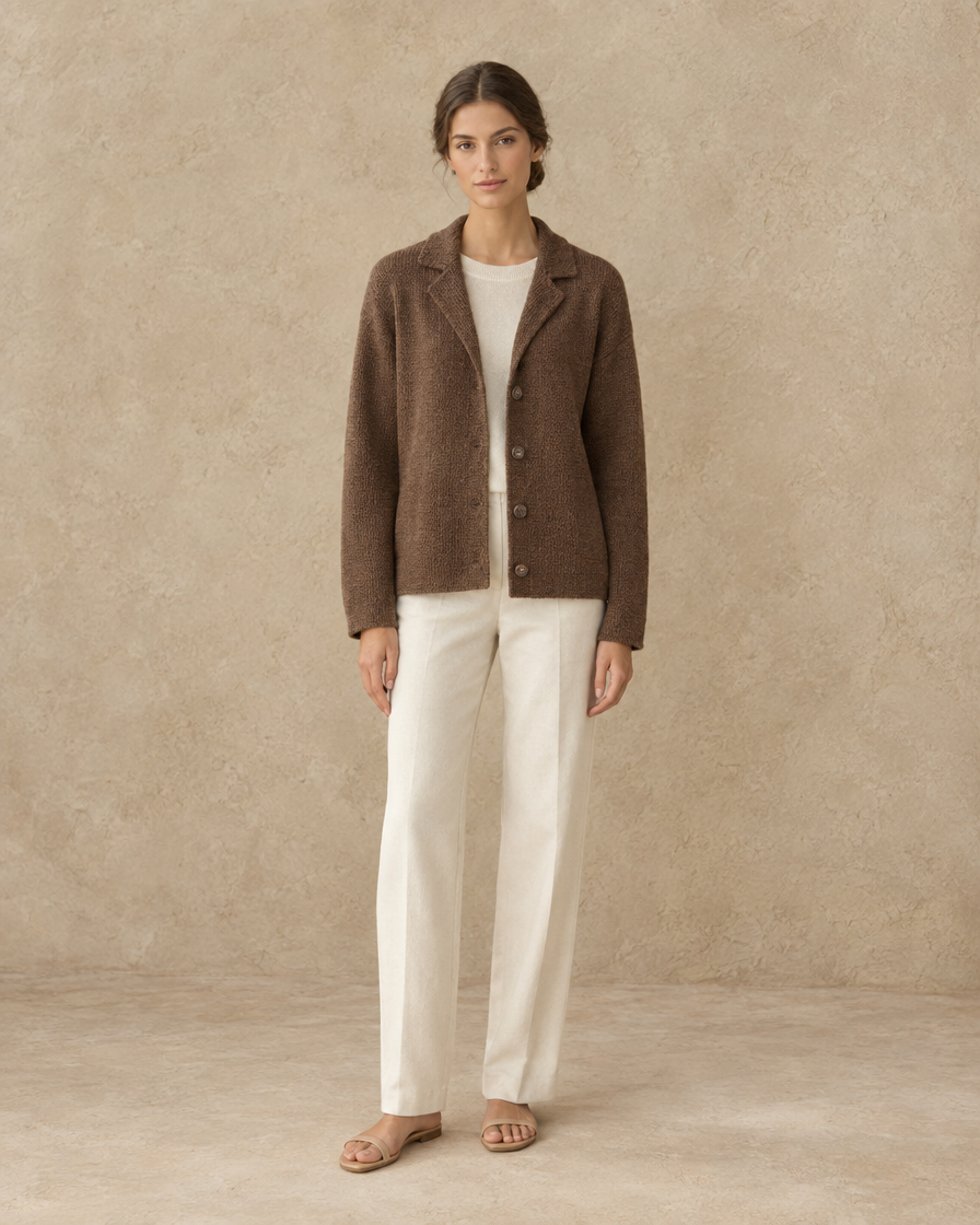 ONORA Casual Knitted Lapel Cardigan Jacket — full length front, Brown
