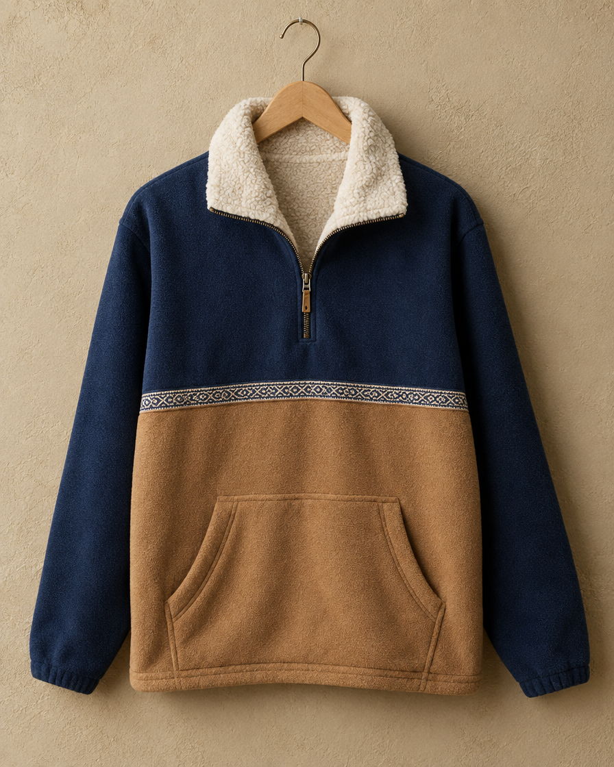 Zion Cozy Color-Block Quarter-Zip Sherpa Pullover — sherpa collar and pocket detail