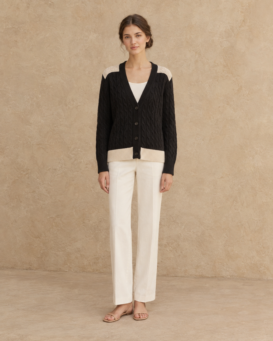 ONORA Vietri Color-Block Cable Knit Cardigan — full length front, Black