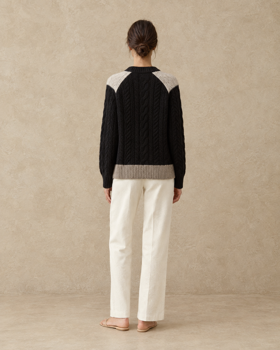ONORA Vietri Color-Block Cable Knit Cardigan — full length back