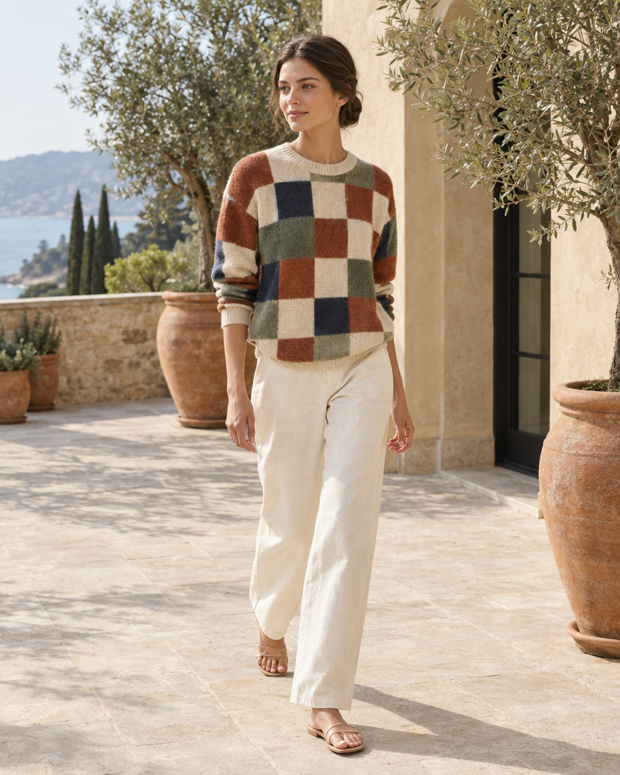 ONORA Silverton Checkered Print Pullover Sweater — worn on a villa terrace