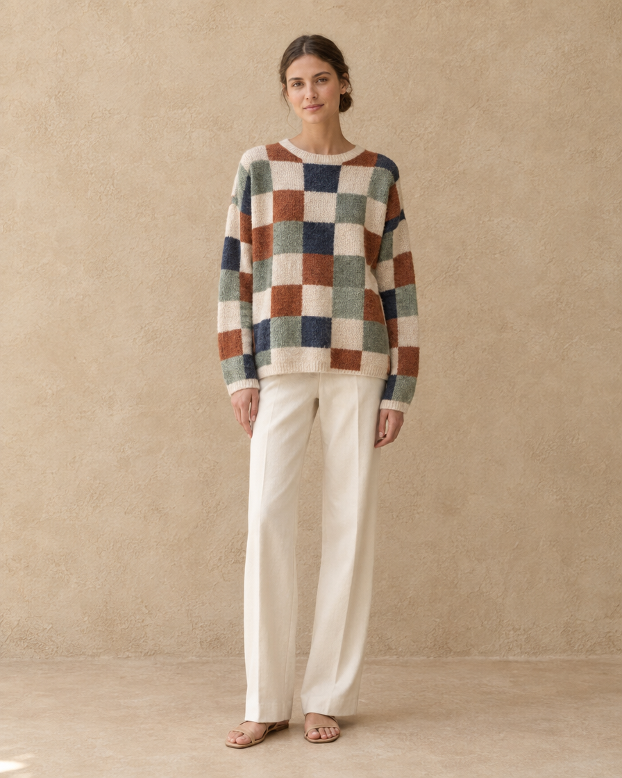 ONORA Silverton Checkered Print Pullover Sweater — full length front