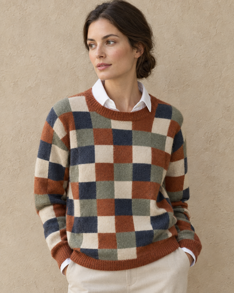 ONORA Silverton Checkered Print Pullover Sweater — layered over a shirt