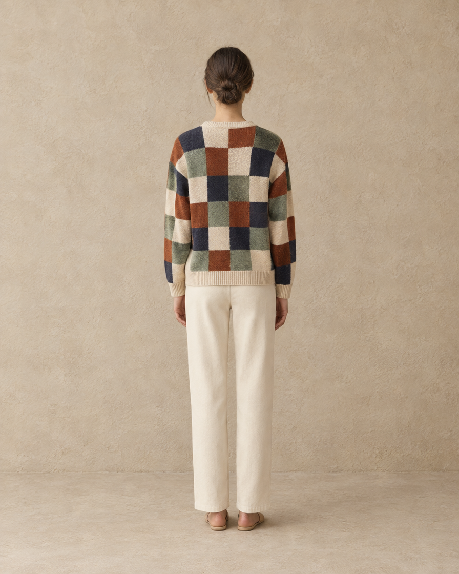 ONORA Silverton Checkered Print Pullover Sweater — full length back