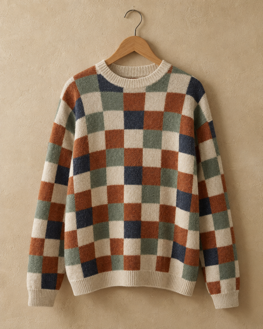 ONORA Silverton Checkered Print Pullover Sweater — print and knit detail