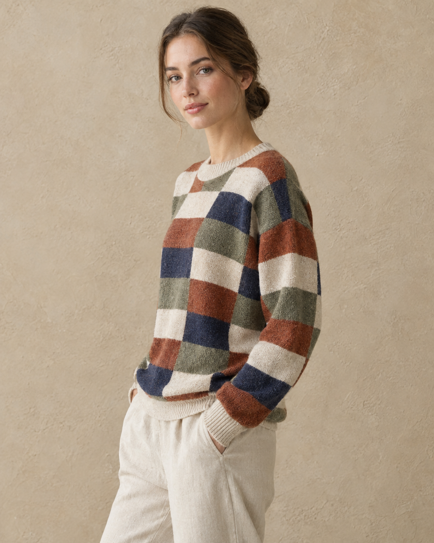ONORA Silverton Checkered Print Pullover Sweater — three-quarter view