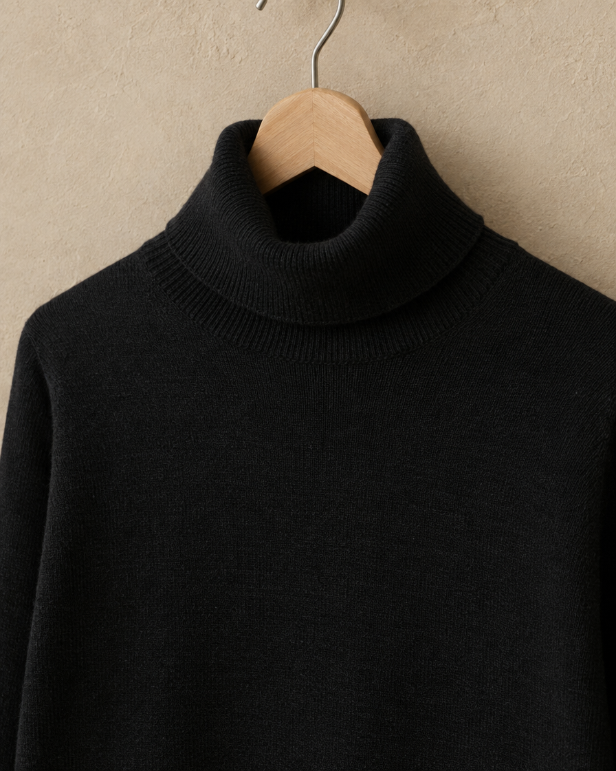 ONORA Merano Solid Knit Turtleneck Sweater — roll neck detail