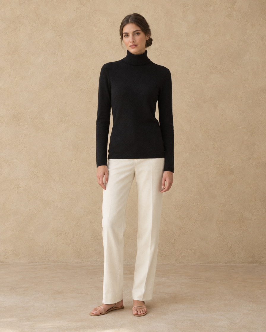 ONORA Merano Solid Knit Turtleneck Sweater — full length front, Black