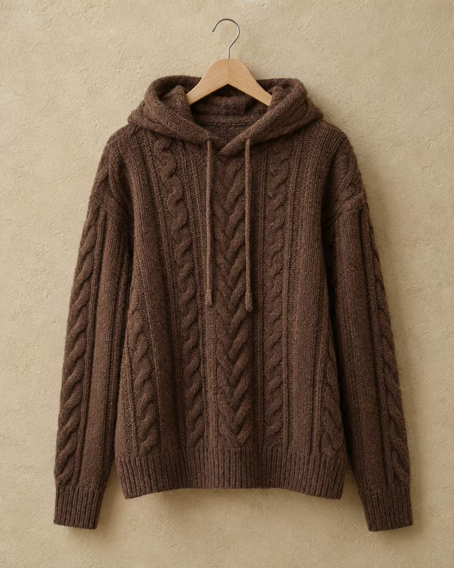 Marzamemi Cozy Hooded Cable Knit Pullover Sweater — hood and cable knit detail
