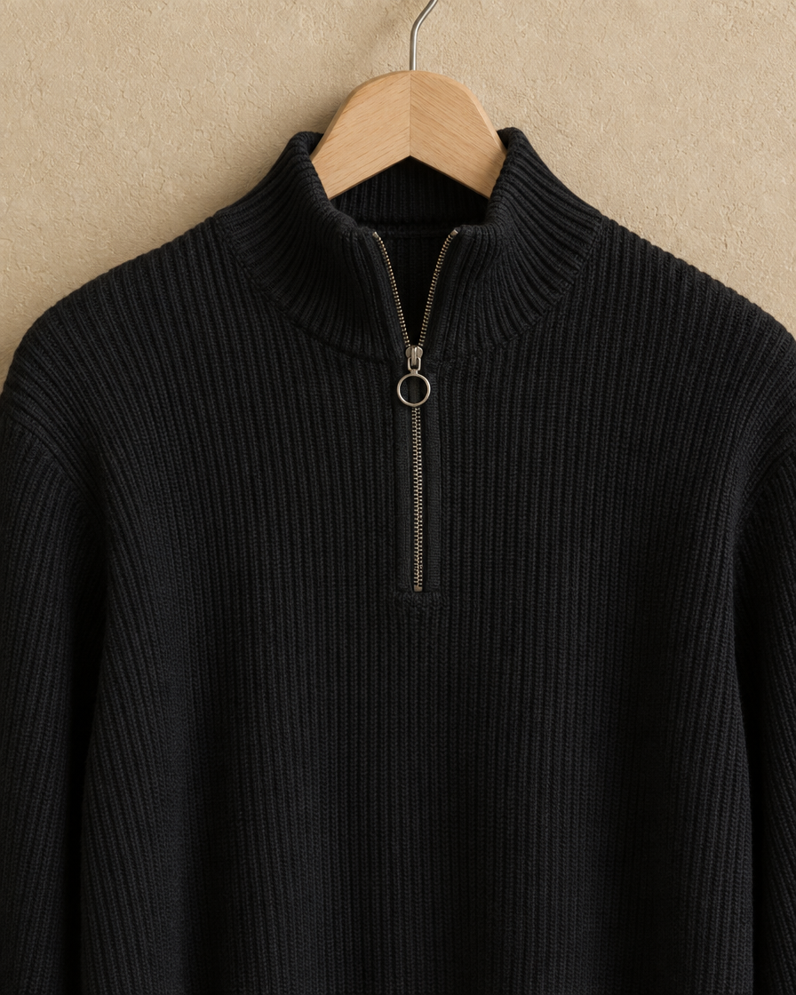 Kestrel Sleek Ribbed Half-Zip Mock Neck Sweater — half-zip and mock neck detail