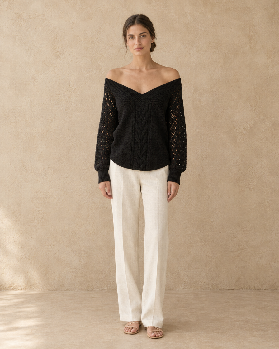 ONORA Ischia Off-Shoulder Cable Knit V-Neck Sweater — full length front, Black