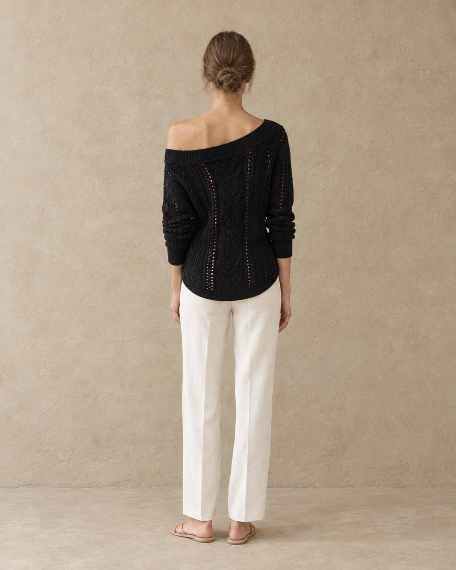 ONORA Ischia Off-Shoulder Cable Knit V-Neck Sweater — full length back