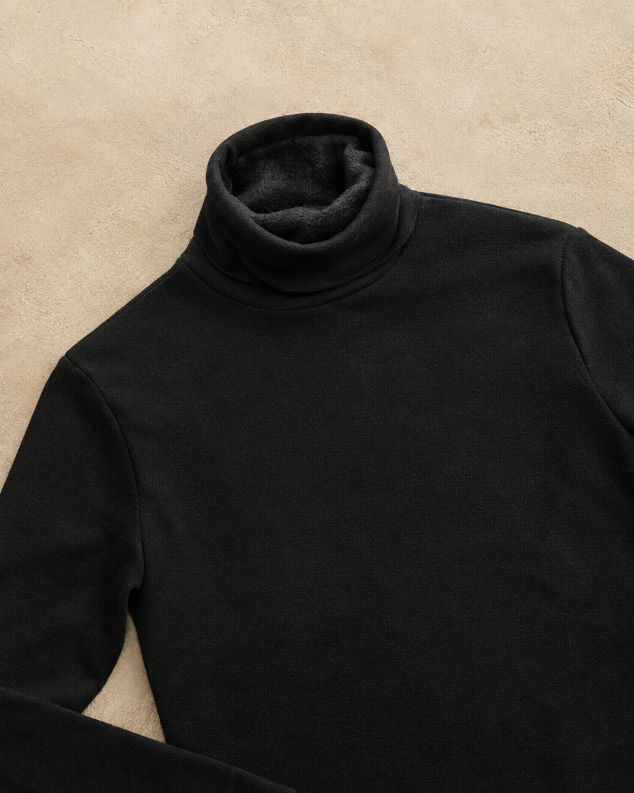 Highline Warm Fleece-Lined Slim Turtleneck Sweater — fleece lining detail