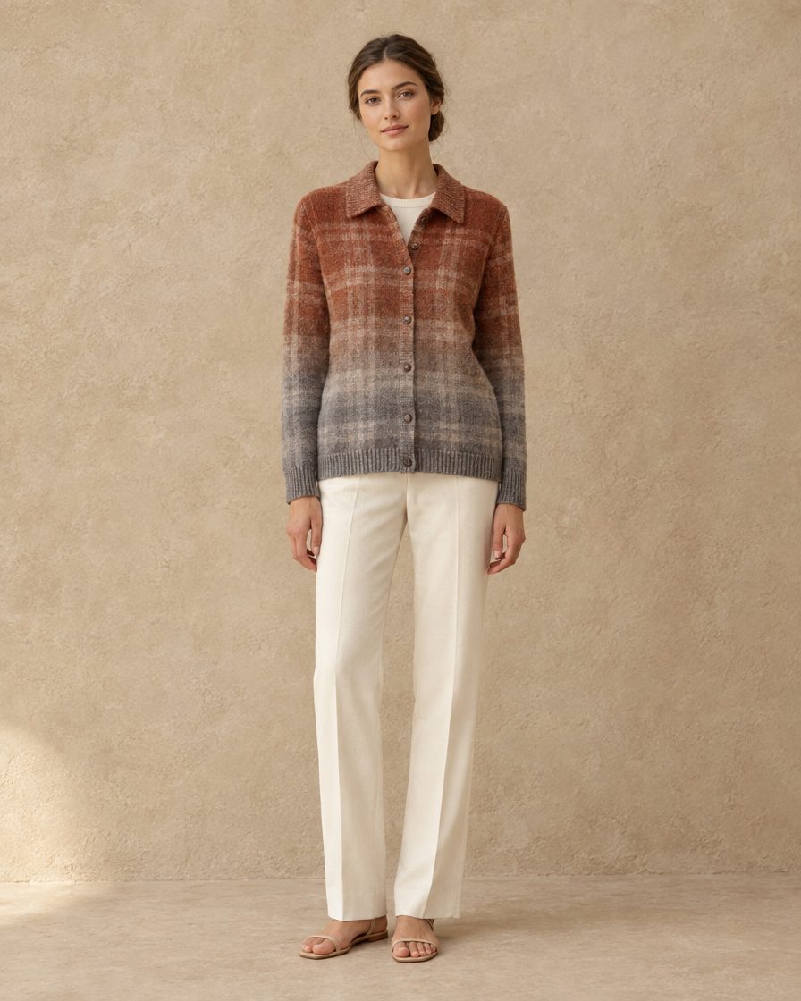 ONORA Iris Ombre Plaid Button-Front Cardigan — full length front