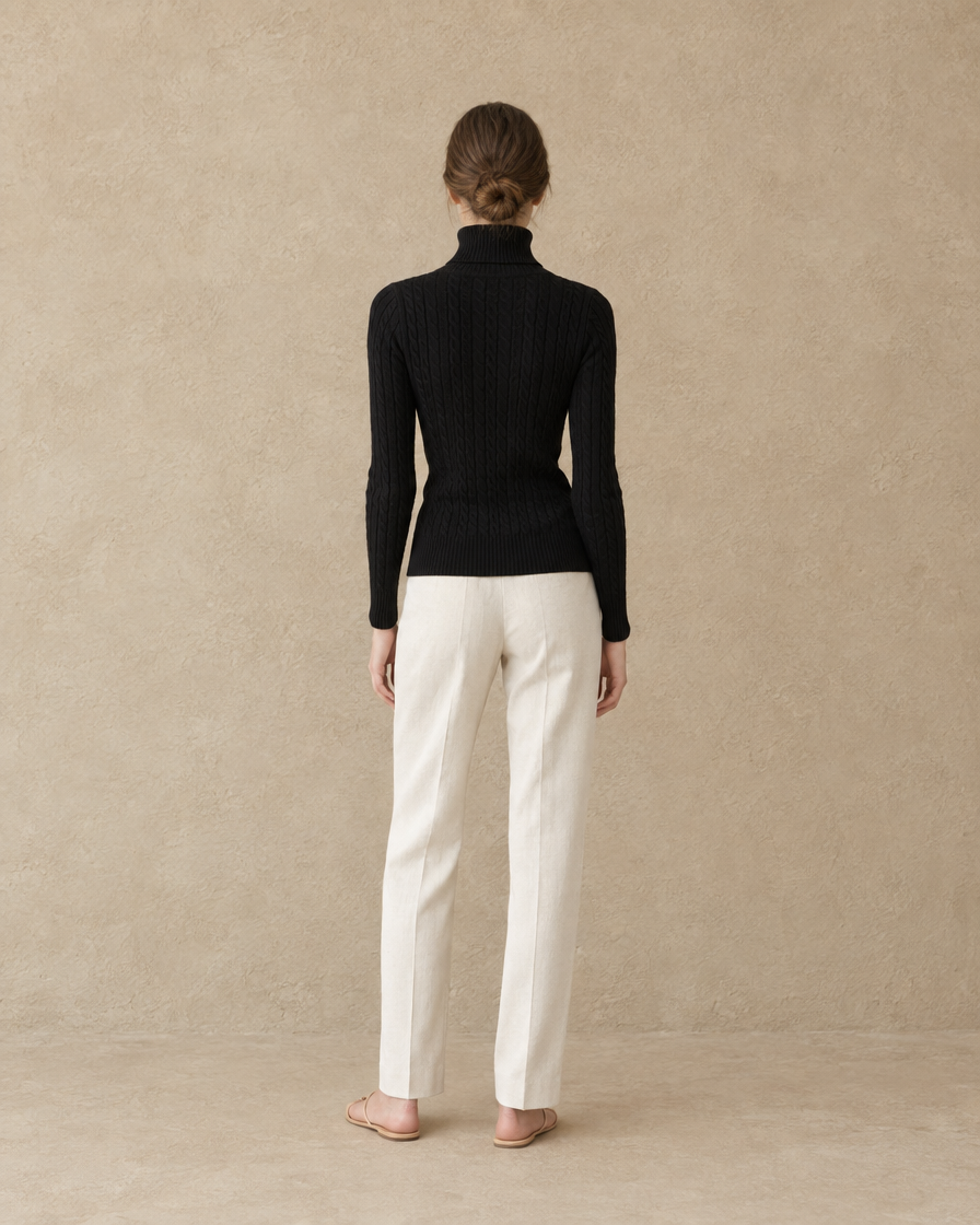 ONORA Gloucester Cable Knit Ribbed Turtleneck Sweater — full length back